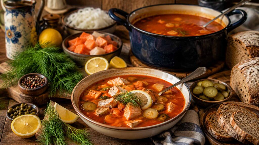 Fischsoljanka wie früher mit Fisch, Zitrone, Dill, Brot und großem Suppentopf auf rustikalem Küchentisch