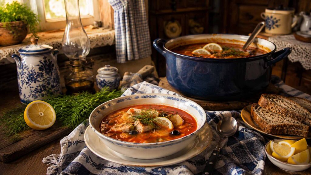 Rustikale Tischszene mit Fischsoljanka, großem Topf, Brot, Zitrone, Dill und blau-weißem Geschirr
