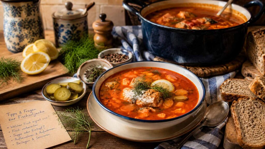 Nahaufnahme einer Fischsoljanka mit Fisch, Zitrone, Dill, Brot und Suppentopf im Hintergrund