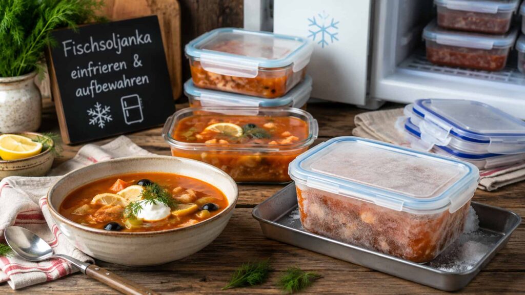 Fischsoljanka einfrieren und aufbewahren mit Suppenschüssel, Vorratsdosen, Dill, Zitrone und Gefrierbehältern