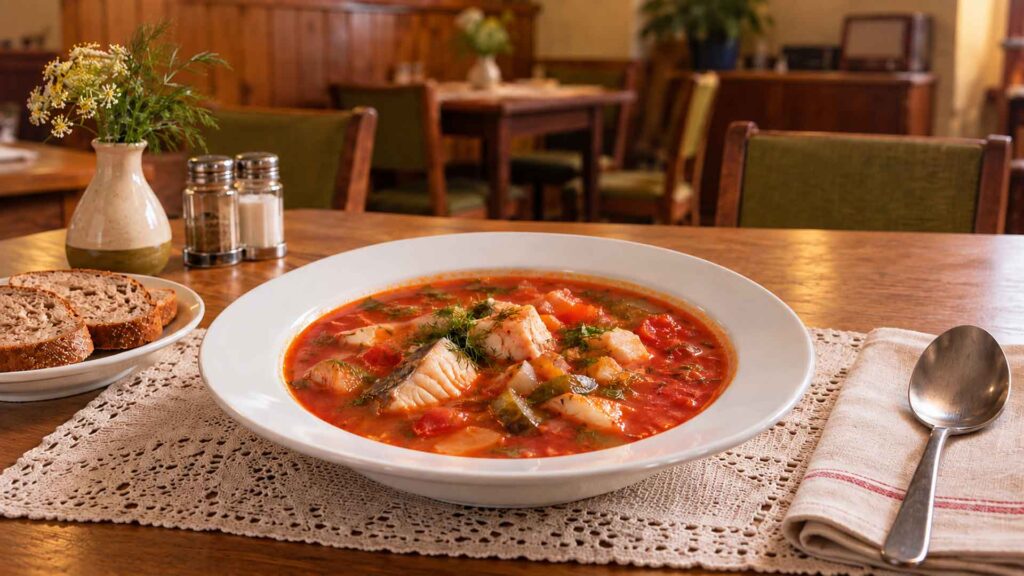 Fischsoljanka nach DDR-Art in einem schlichten Restaurantambiente