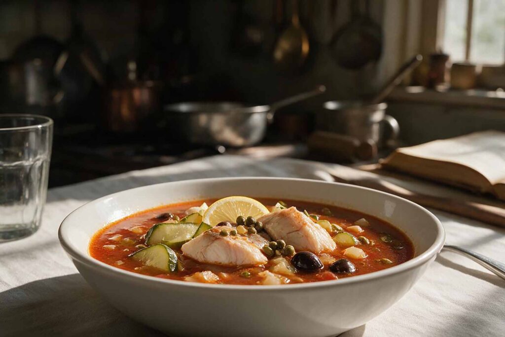 Fischsoljanka mit Fisch, Zitrone und Kapern zur Geschichte und Herkunft der Fischsuppe