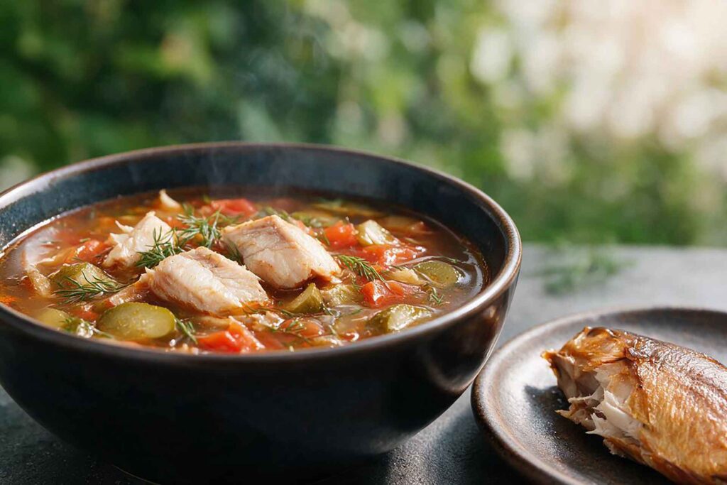 Fischsoljanka mit Räucherfisch, Fischstücken, Gewürzgurken und Dill