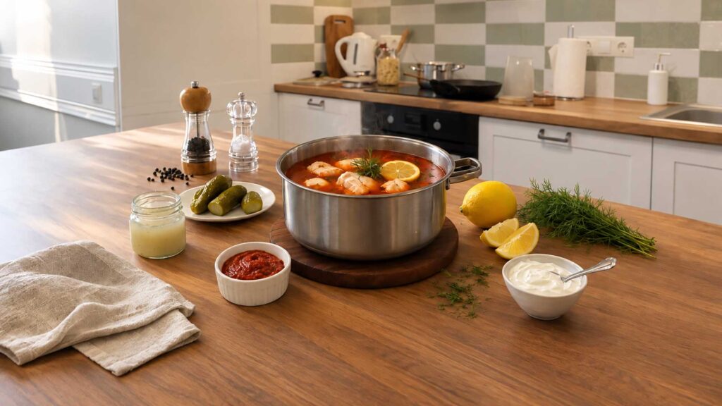 Fischsoljanka mit Zitrone, Gewürzgurken, Dill und Zutaten zum Abschmecken