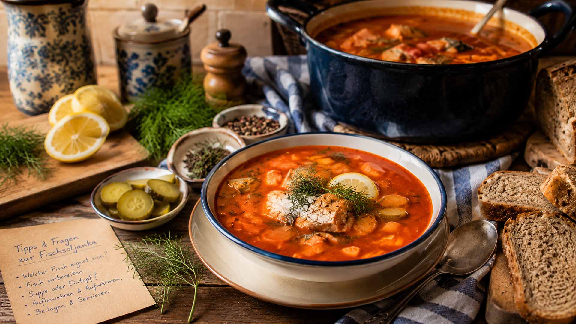 Nahaufnahme einer Fischsoljanka mit Fisch, Zitrone, Dill, Brot und Suppentopf im Hintergrund
