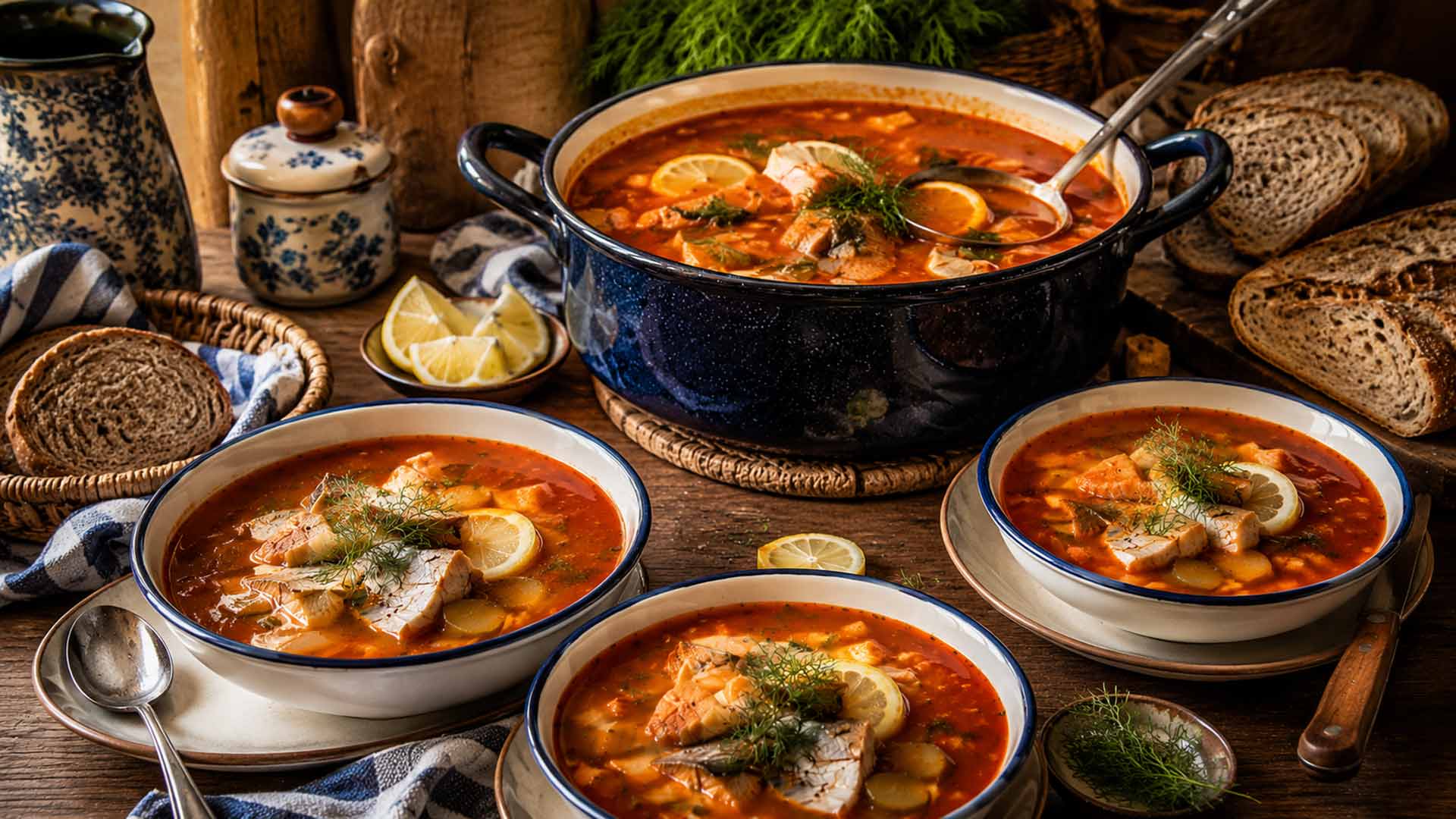 Mehrere Schüsseln Fischsoljanka mit großem Suppentopf, Brot, Zitrone und Dill für viele Personen