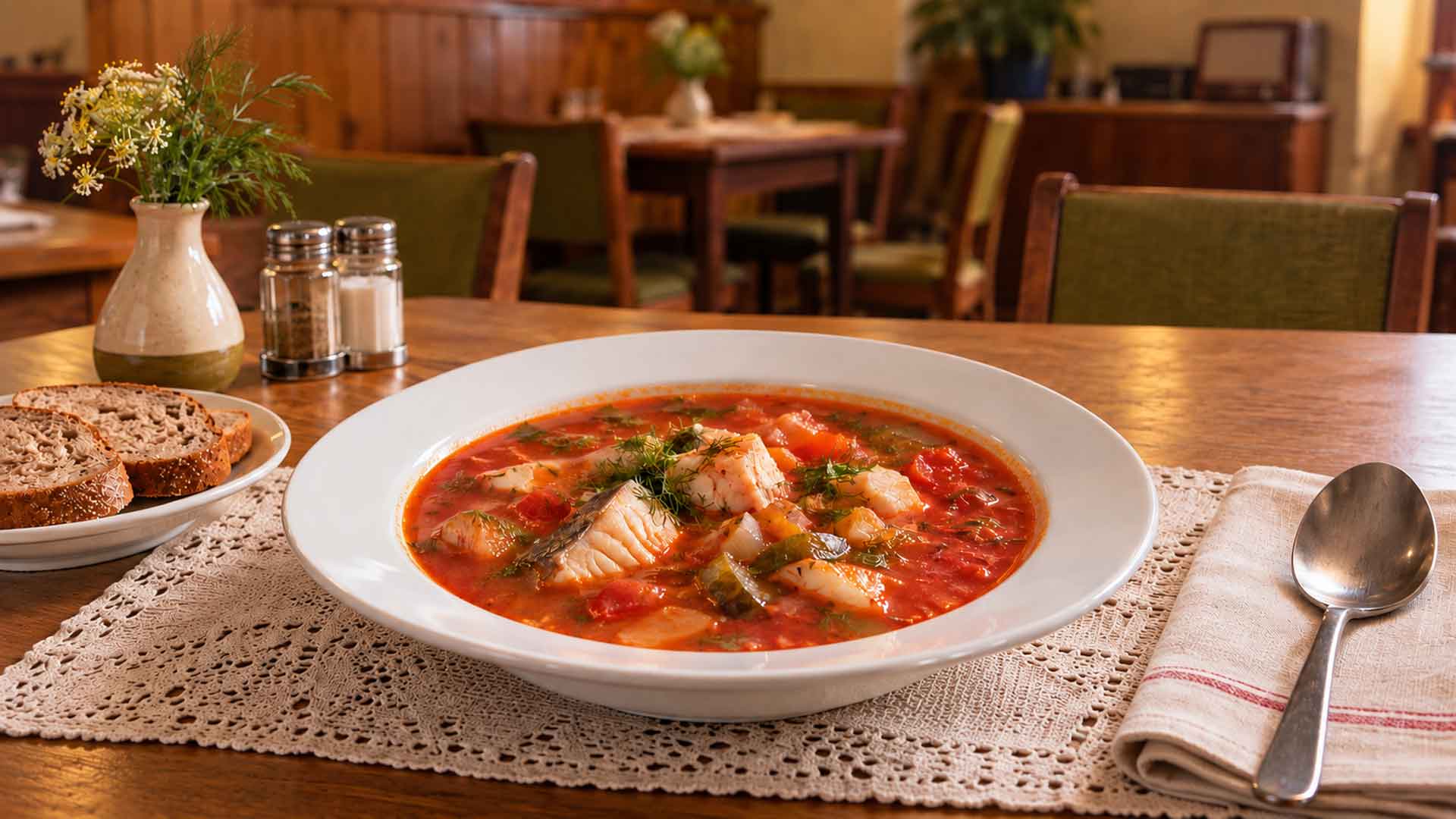 Fischsoljanka nach DDR-Art in einem schlichten Restaurantambiente