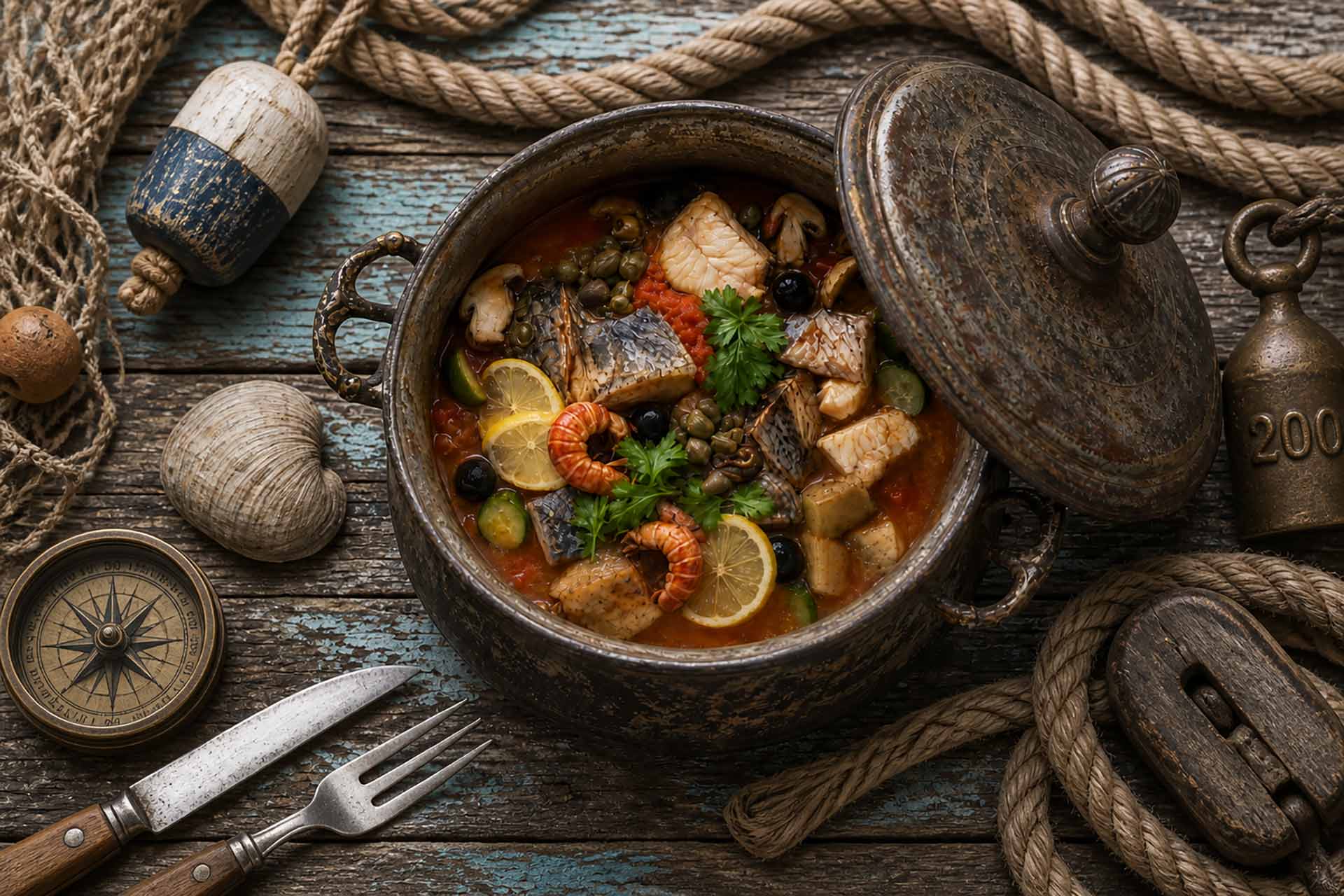 Fischsoljanka mit Fisch, Zitrone und Kapern zur Geschichte und Herkunft der Fischsuppe. In einem alten russischem Topf auf einem Tisch mit maritimen Gegenständen