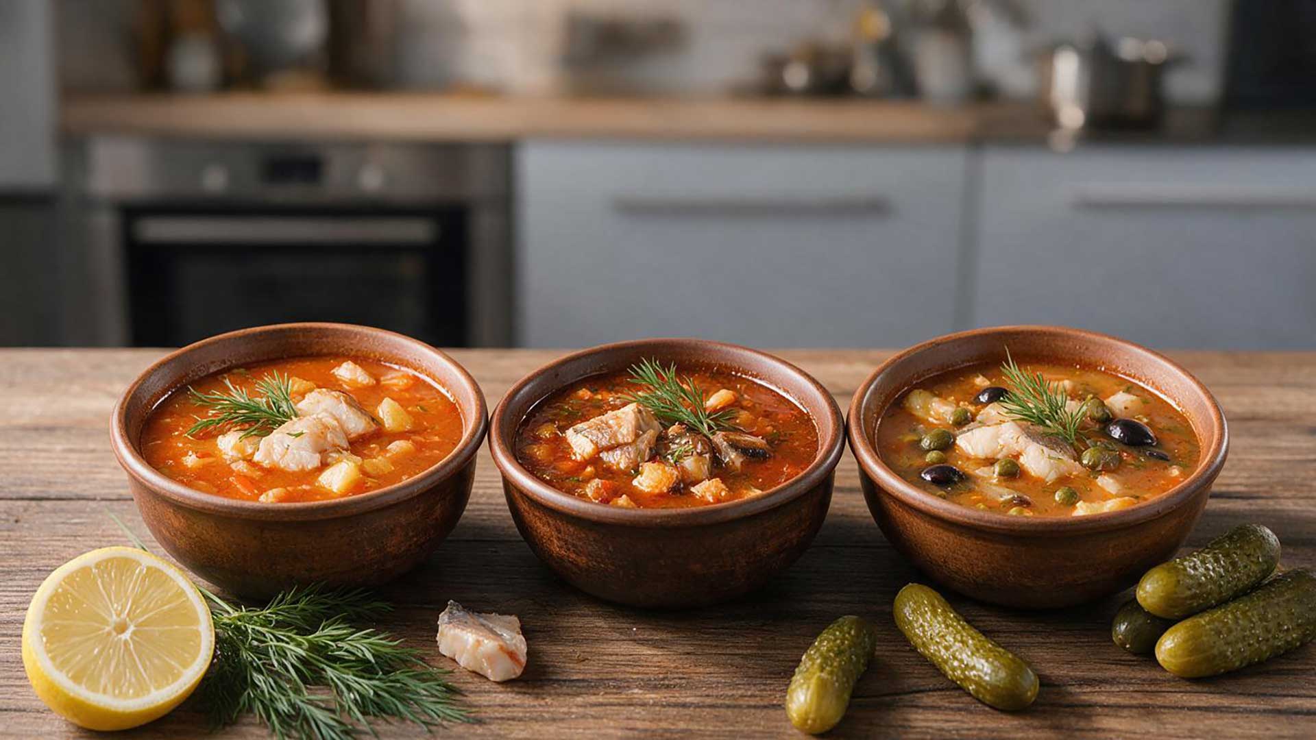 Verschiedene Fischsoljanka-Varianten mit Fisch, Räucherfisch, Kapern und Oliven.