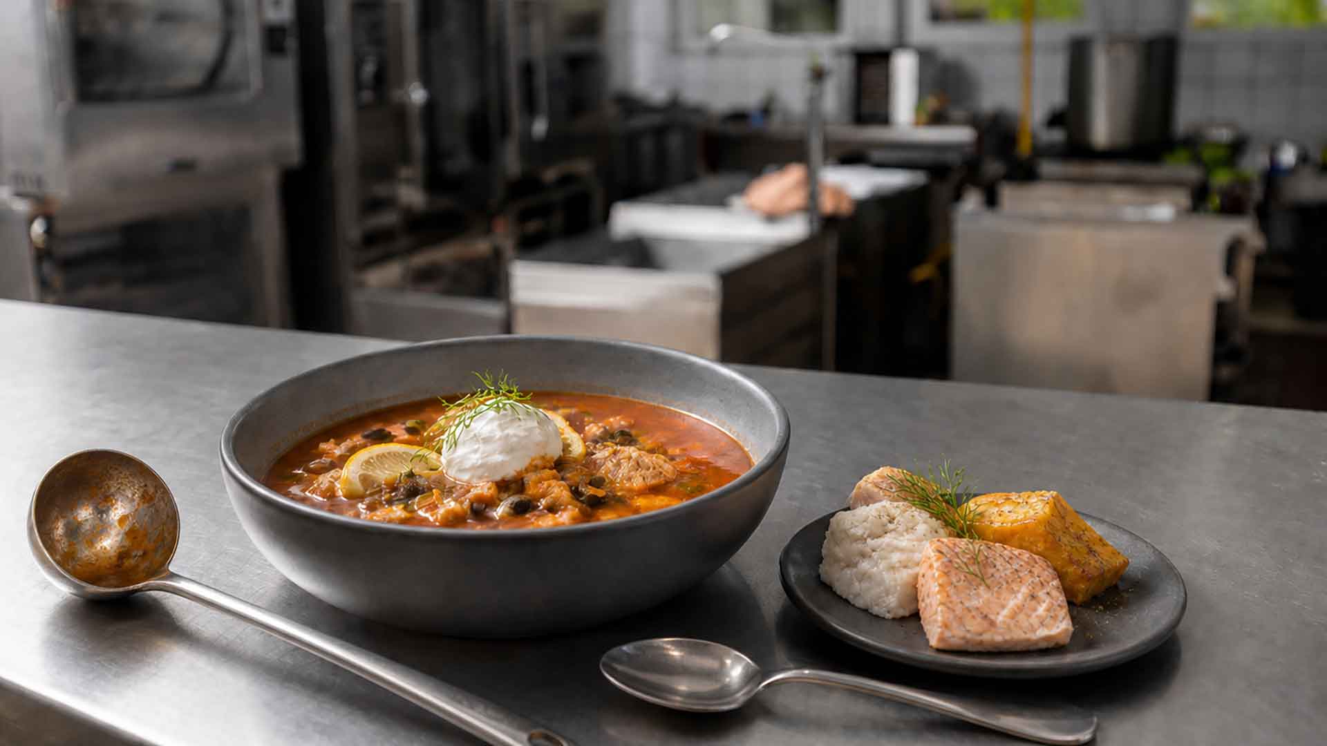 Fischsoljanka aus übrig gebliebenen gegarten Fischstücken
