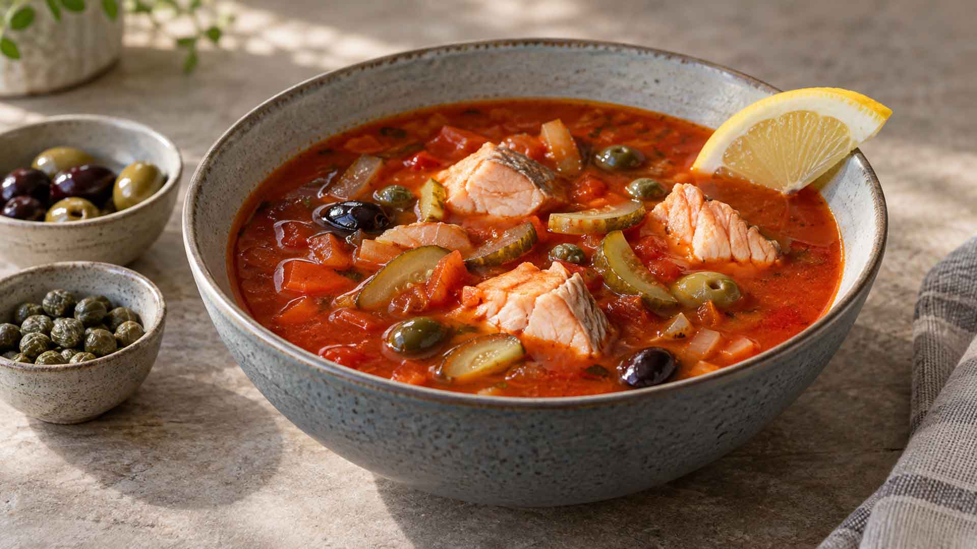 Fischsoljanka mit Kapern, Oliven und Zitrone
