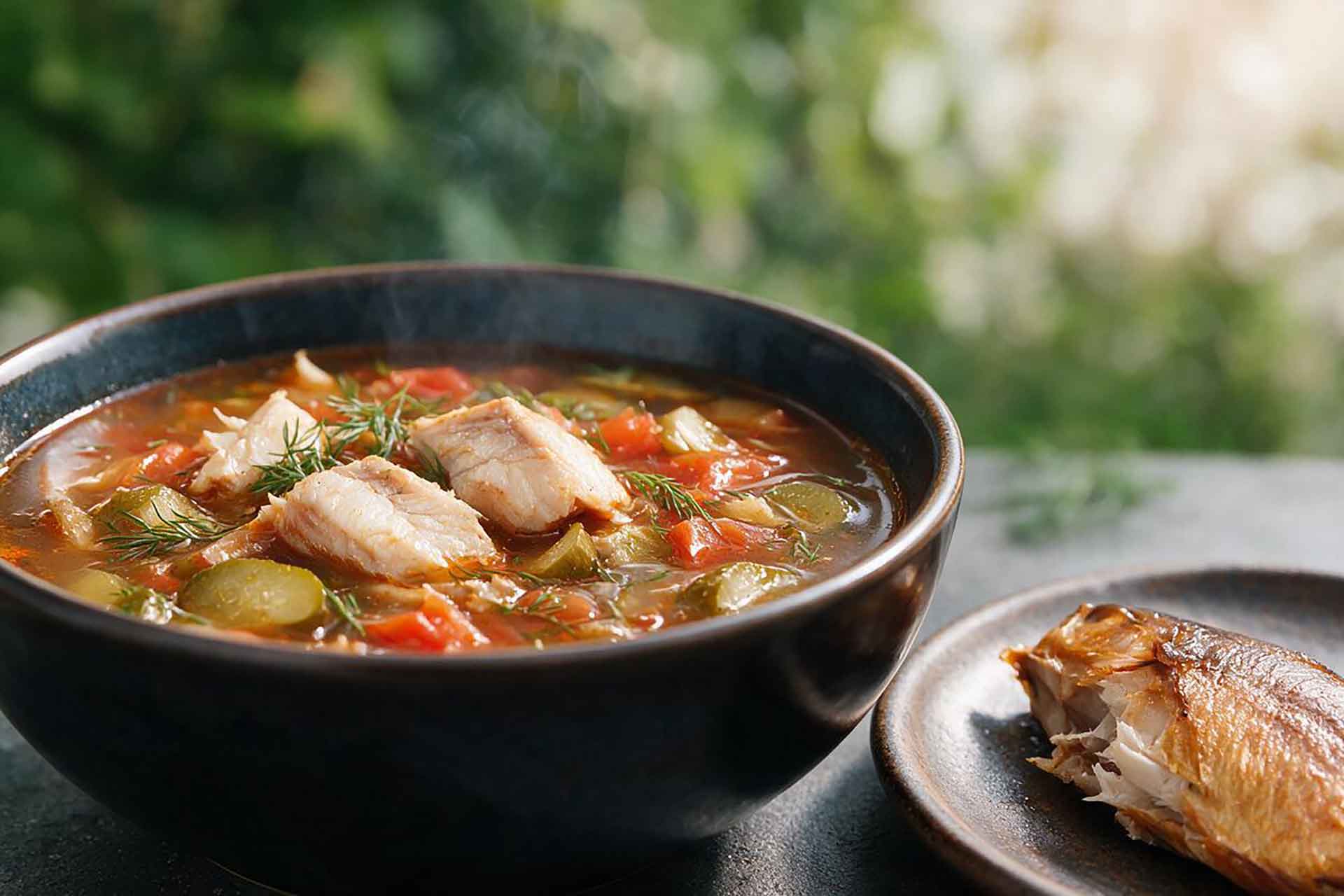 Fischsoljanka mit Räucherfisch, Fischstücken, Gewürzgurken und Dill