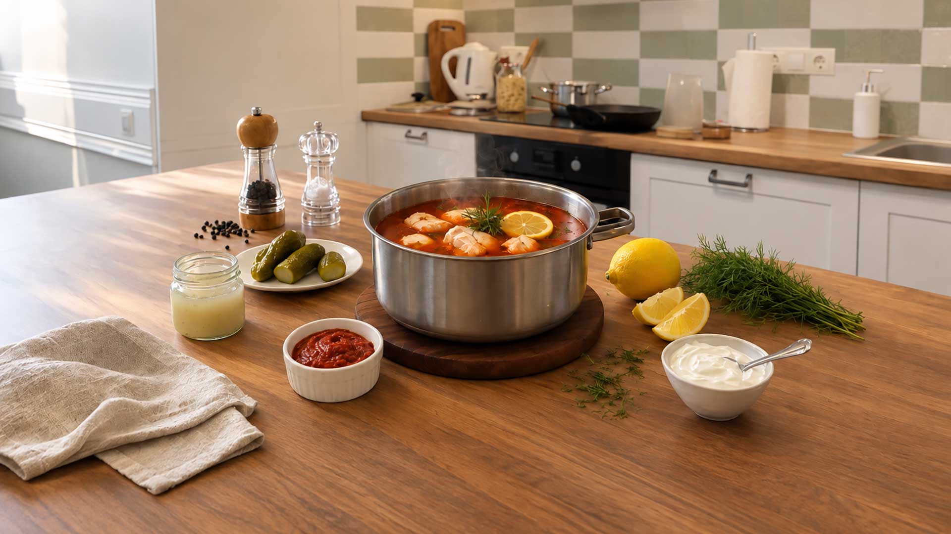 Fischsoljanka mit Zitrone, Gewürzgurken, Dill und Zutaten zum Abschmecken