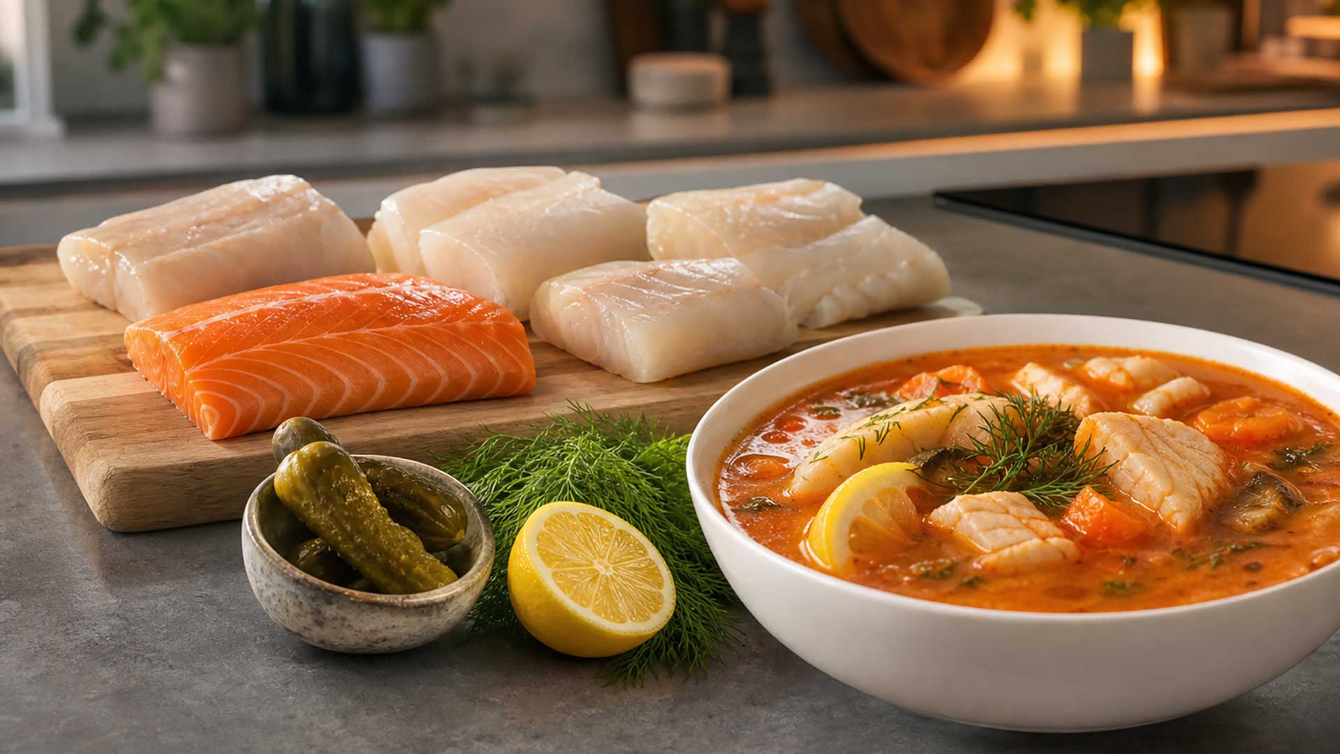 Kabeljau, Seelachs und Lachs als geeignete Fischarten für Fischsoljanka